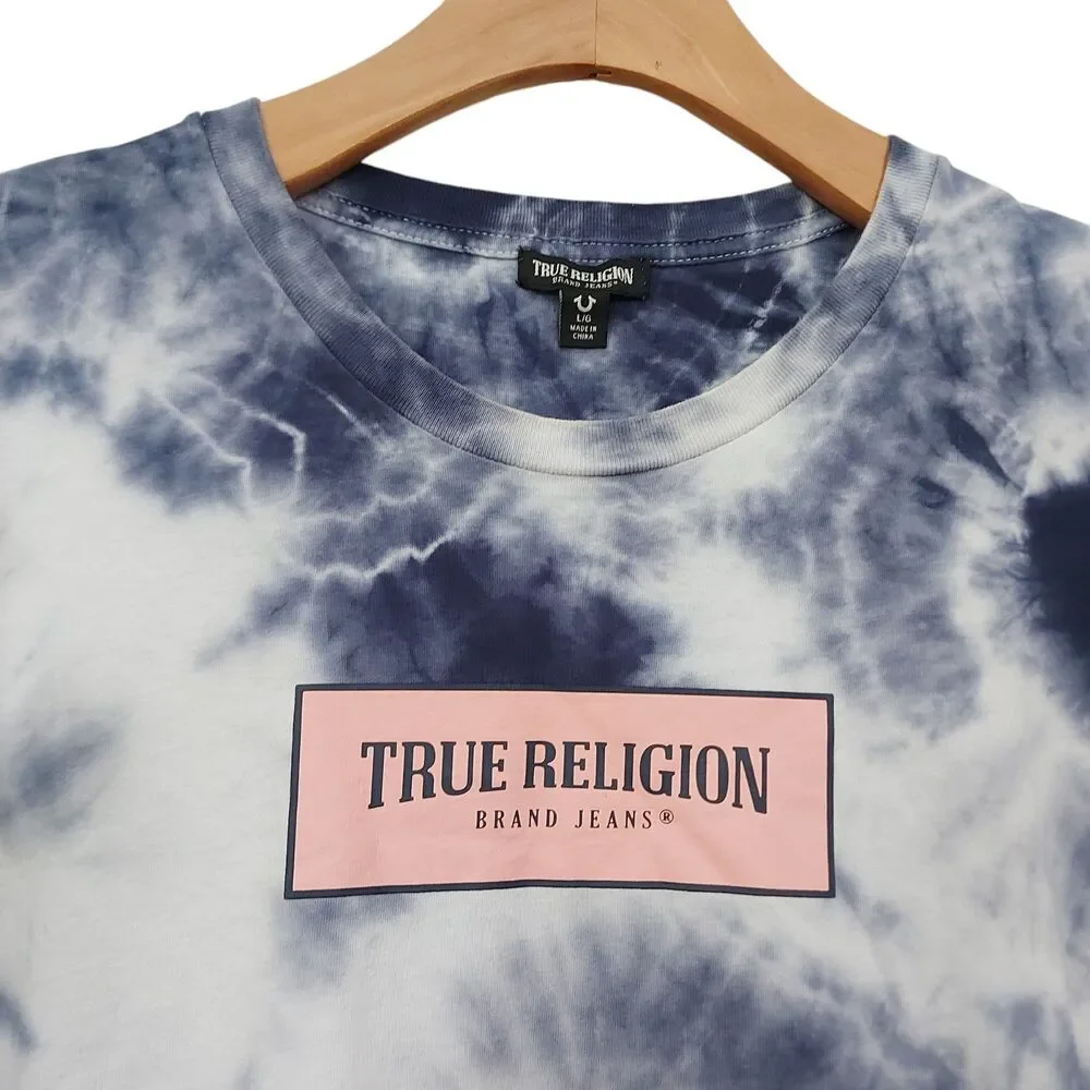 True Religion Mens Large Blue Tie Dye T-Shirt Relaxed Fit Short Sleeve Cotton
